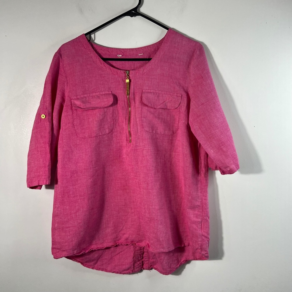 Womens Ellen Tracy 1/2 Zip Linen Cotton Tunic Top Pink 1/2 Sleeve M